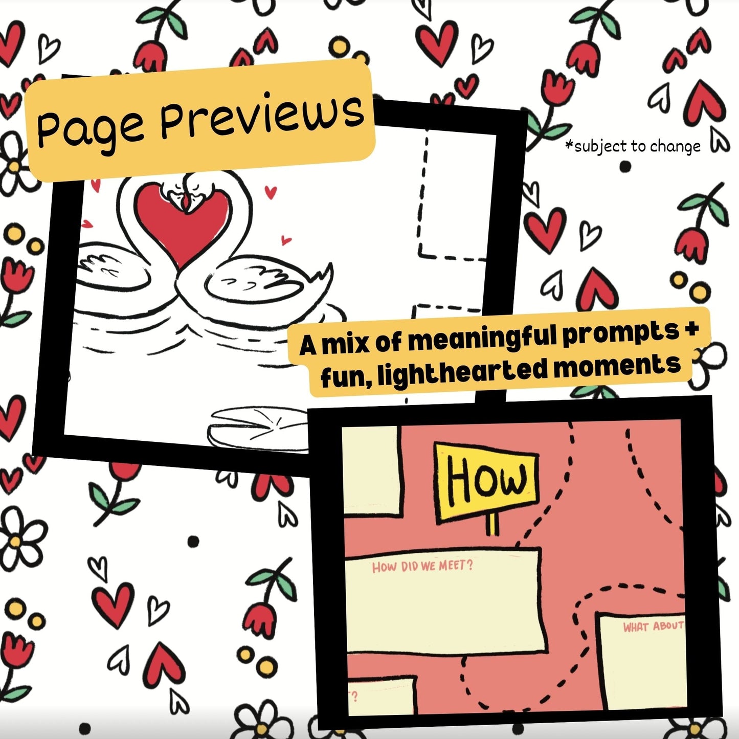 Promotional graphic for 'Page Previews' with swans, hearts, and text boxes on a floral background.