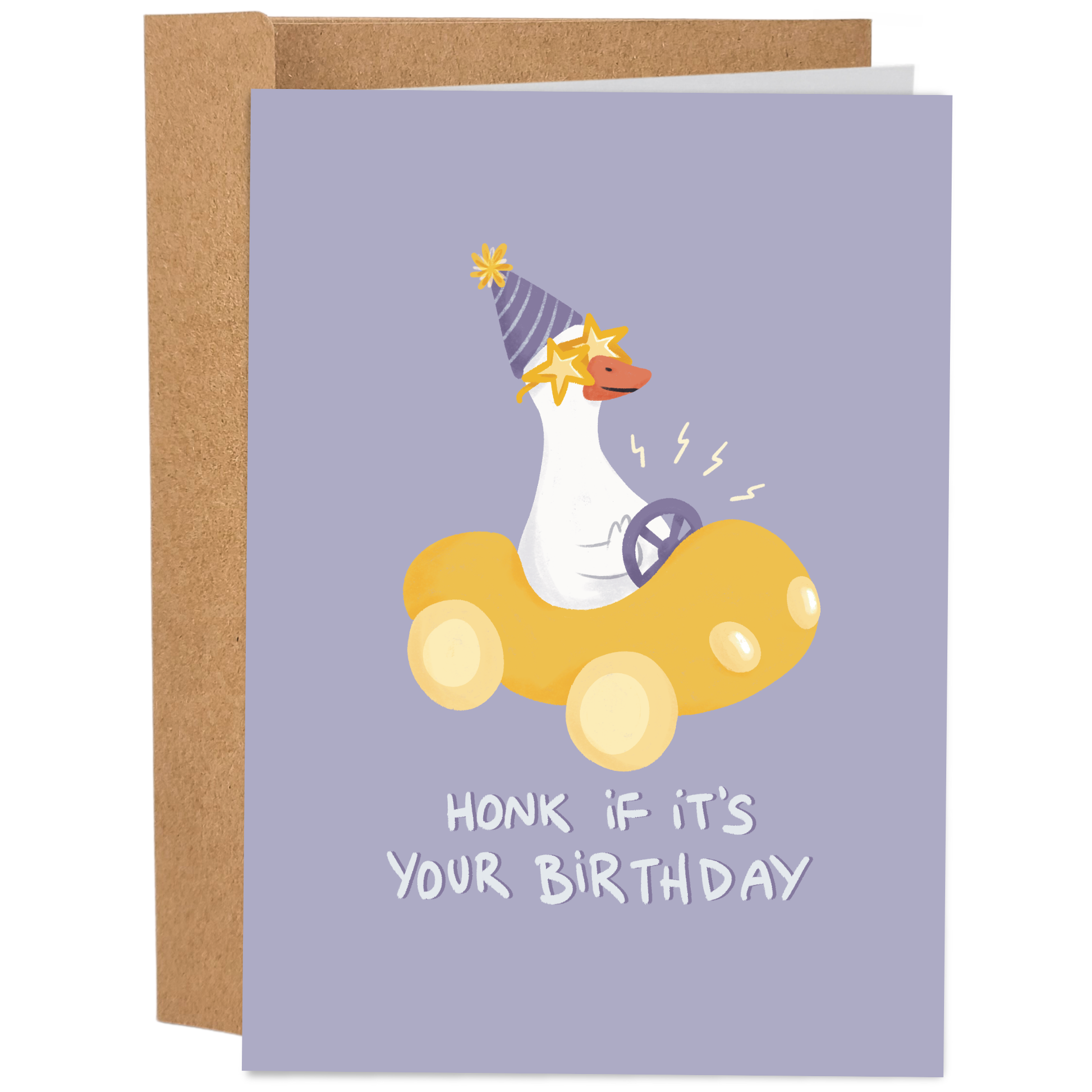 Good Egg Greetings Birthday Greeting card with a cartoon duck in a car and birthday hat on a purple background