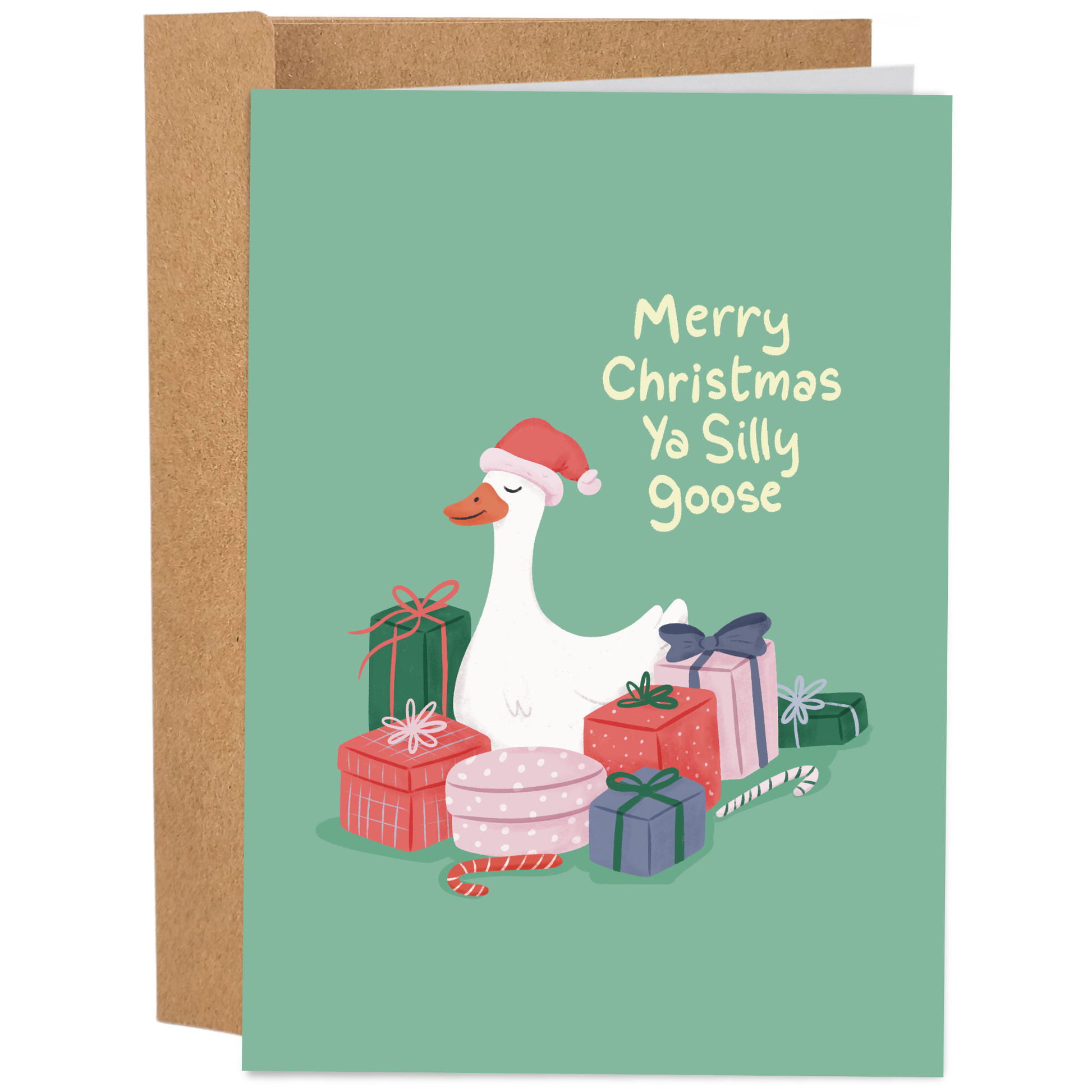 Good Egg Greetings Christmas card with a goose wearing a Santa hat and surrounded by presents on a green background.