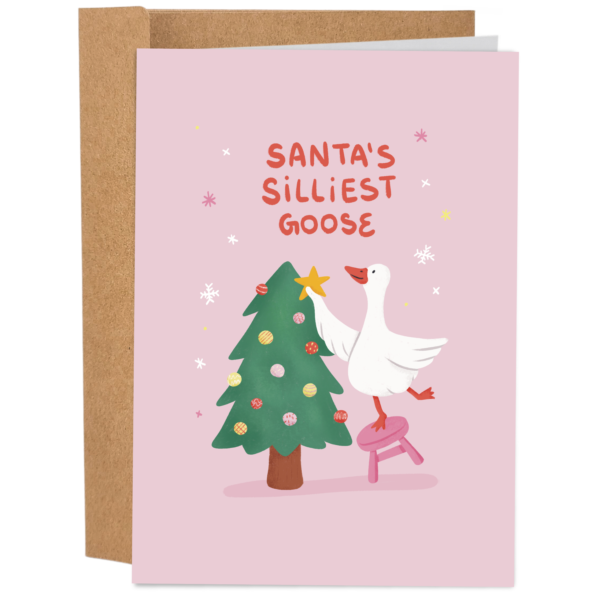 Good Egg Greetings Christmas Greeting card with a goose and Christmas tree illustration on a pink background