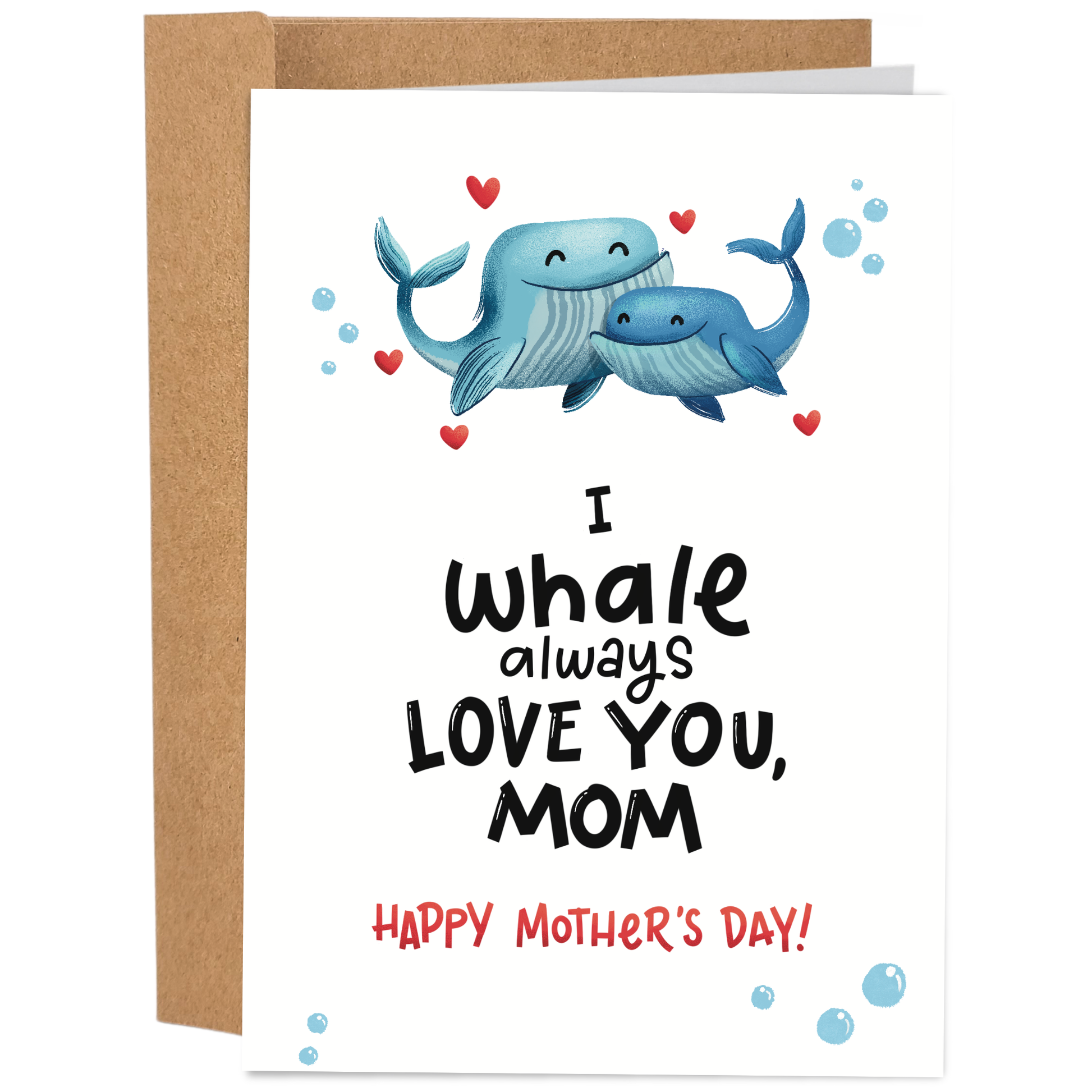 Good Egg Greetings Mother's Day card with whales and text 'I whale always love you, mom' on a white background.
