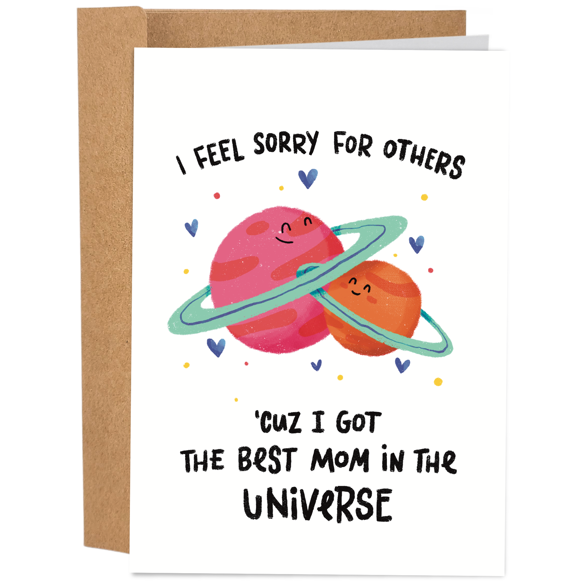 Good Egg Greetings Mother's Day Card with cartoon planets and humorous text on a white background