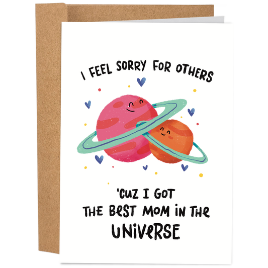 Good Egg Greetings Mother's Day Card with cartoon planets and humorous text on a white background
