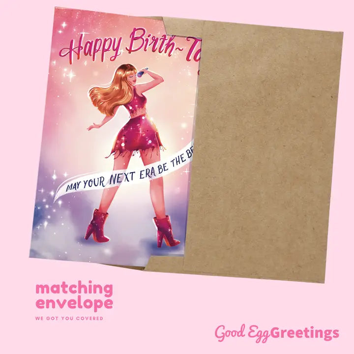 Good Egg Greetings Birthday card with a matching envelope on a pink background, featuring 'Good Egg Greetings'.