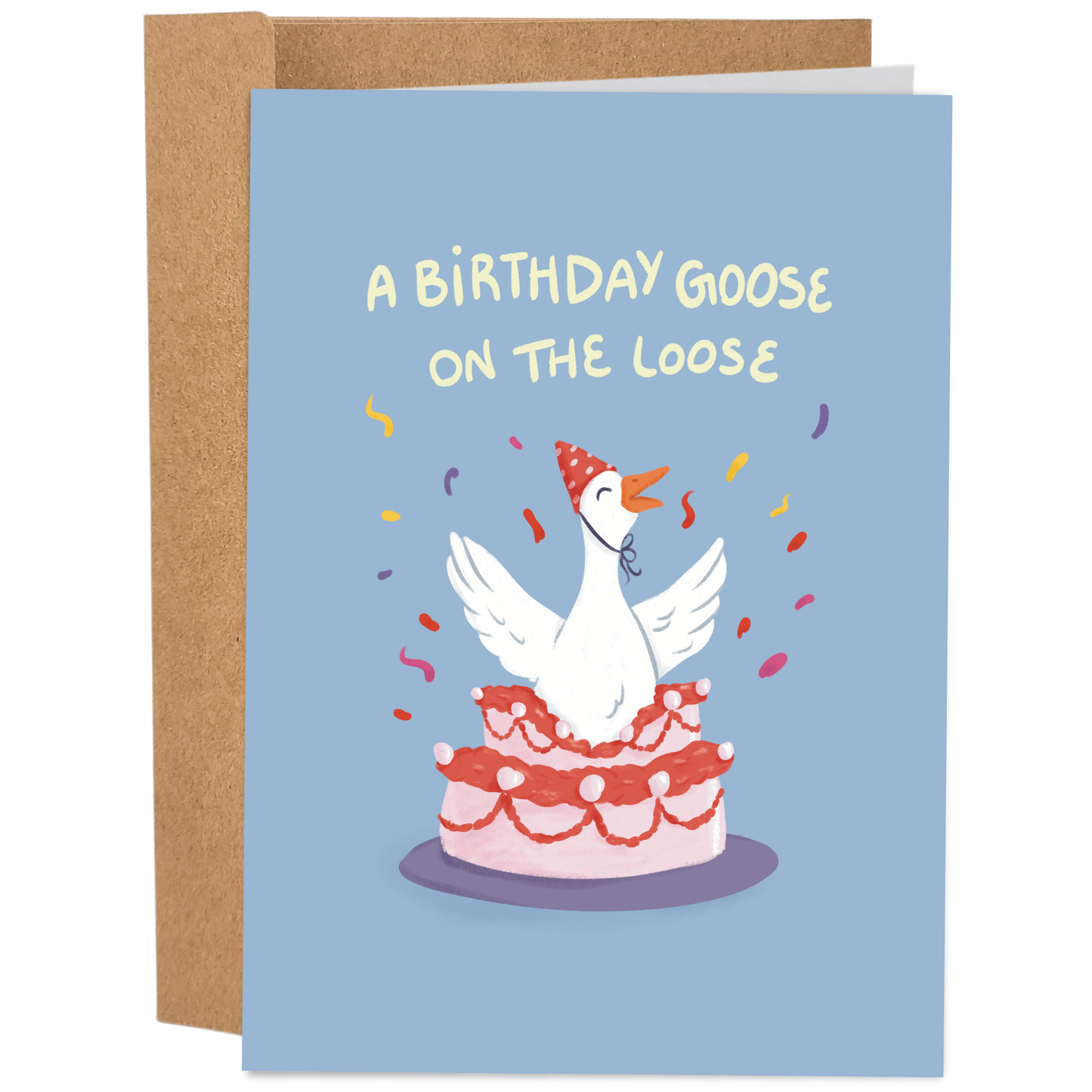 Good Egg Greetings Birthday card with a goose on a cake and text 'A Birthday Goose on the Loose' on a blue background.