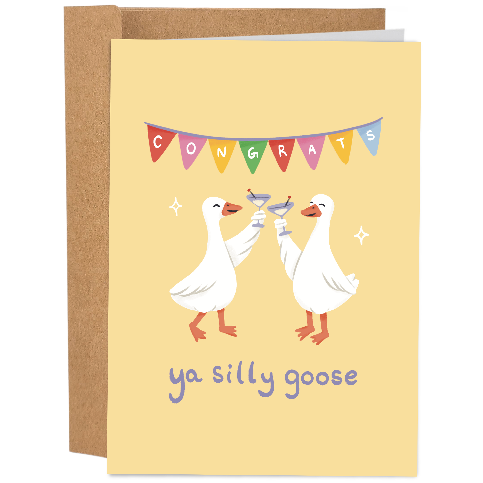 Good Egg Greetings Congratulations Greeting card with two geese celebrating with a 'Congrats' banner and 'ya silly goose' text.