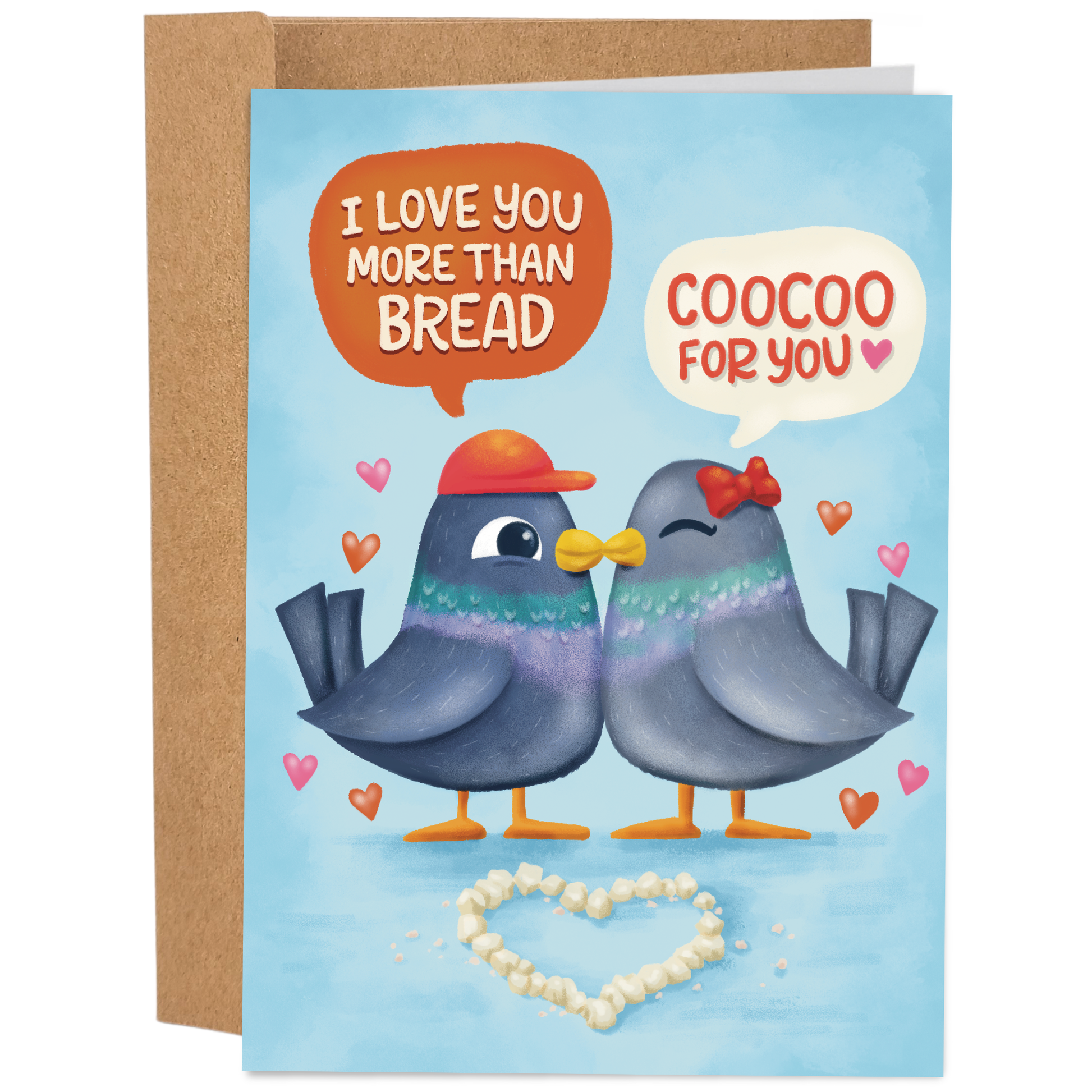 Good Egg Greetings Valentine's Day Greeting card with two birds and text 'I love you more than bread' and 'Coocoo for you' on a blue background.