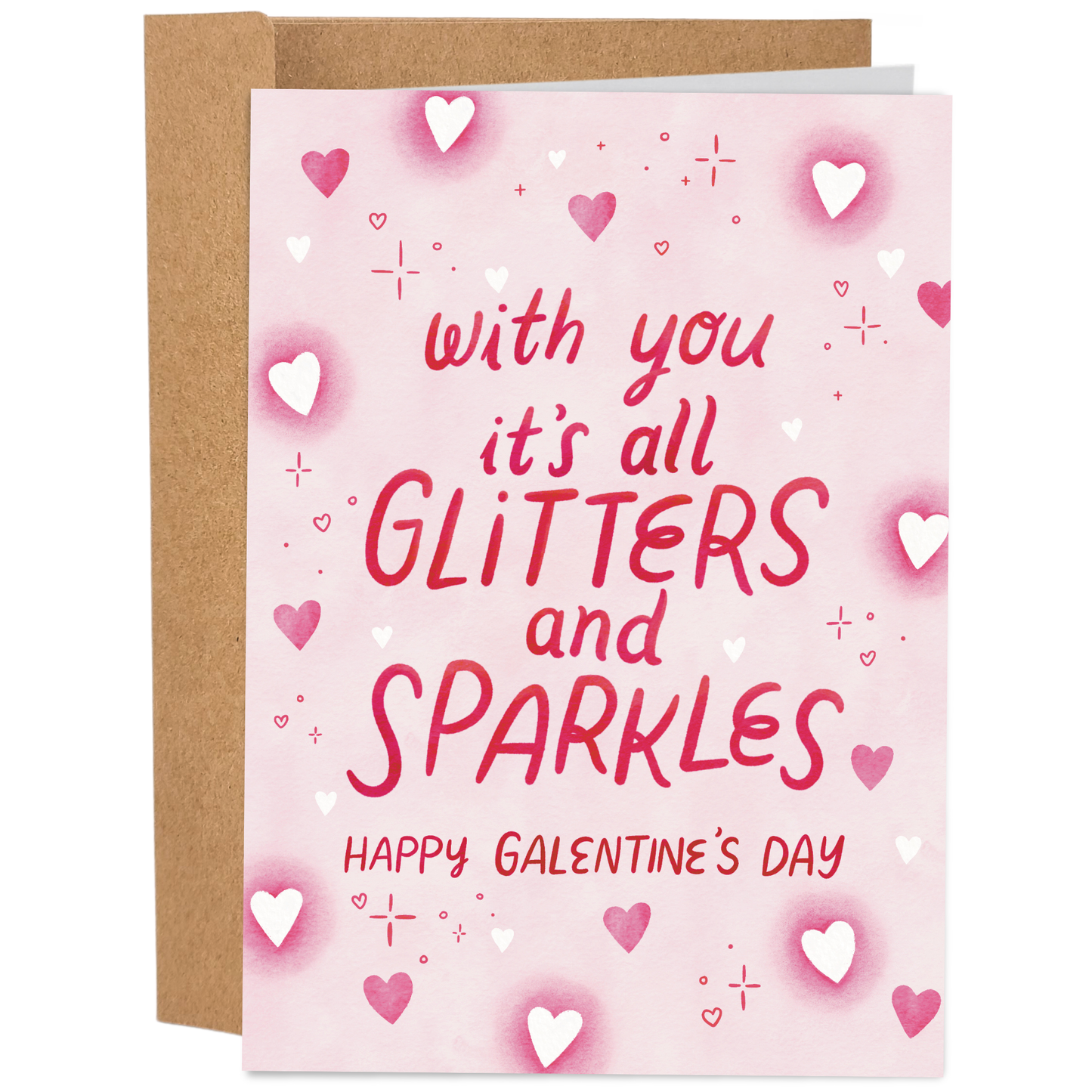 Good Egg Greetings Galentine's Day card with pink text and heart designs on a white background