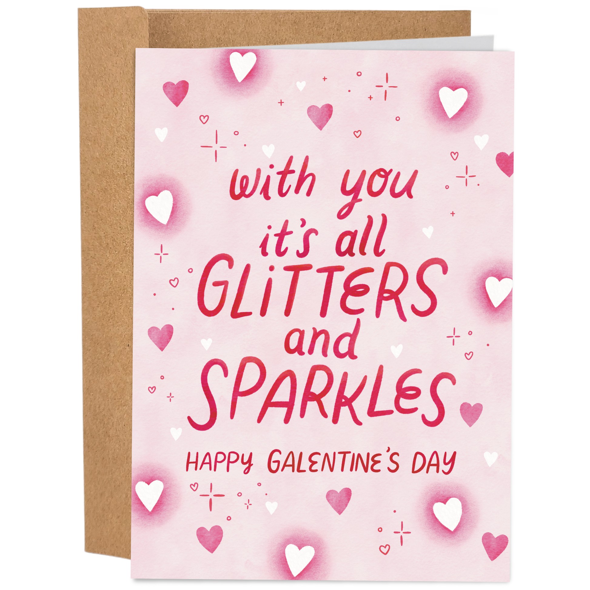 Good Egg Greetings Galentine's Day card with pink text and heart designs on a white background