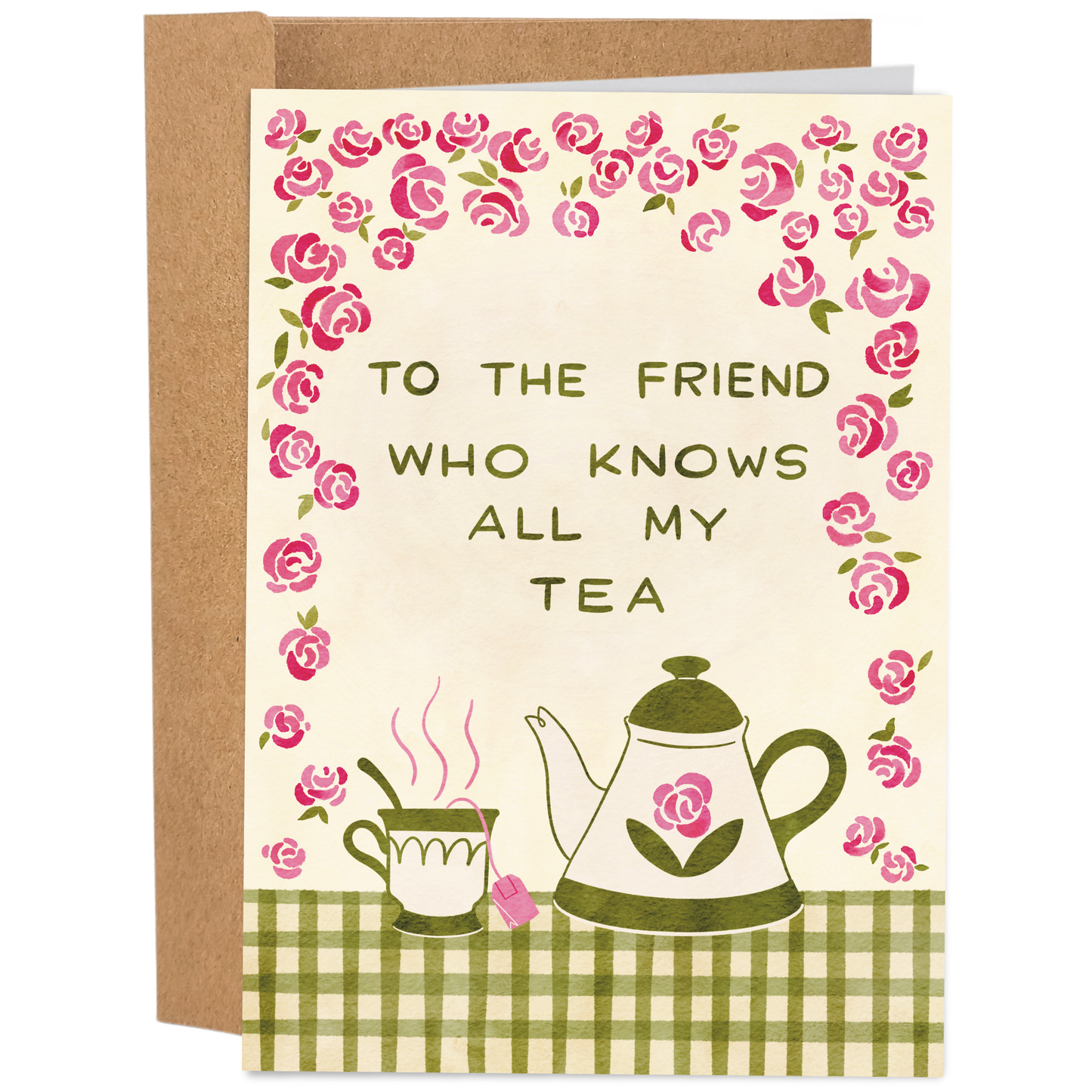 Good Egg Greetings Galentine's Day Greeting card with teapot and tea cup illustration and floral design on a beige background.
