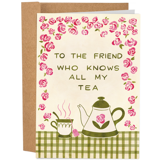 Good Egg Greetings Galentine's Day Greeting card with teapot and tea cup illustration and floral design on a beige background.