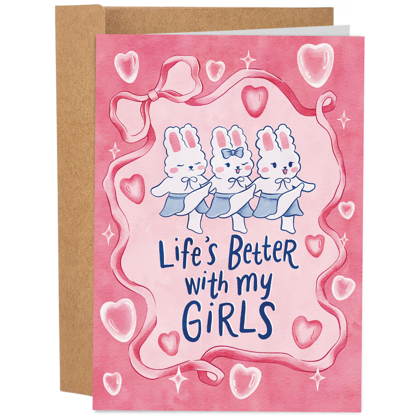 Good Egg Greetings Galentine's Day Greeting card with cartoon bunnies and 'Life's Better with my Girls' text on a pink background.