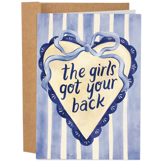 Good Egg Greetings Galentine's Day Card with heart design and text 'the girls got your back' on a striped background