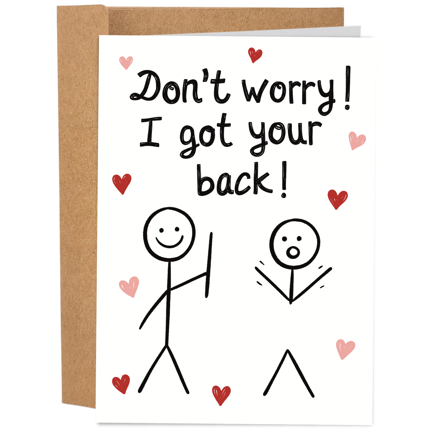 Good Egg Greetings Valentine's Day Card with stick figures and text 'Don't worry! I got your back!' on a white background