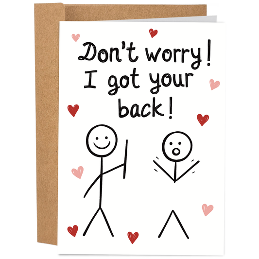 Good Egg Greetings Valentine's Day Card with stick figures and text 'Don't worry! I got your back!' on a white background