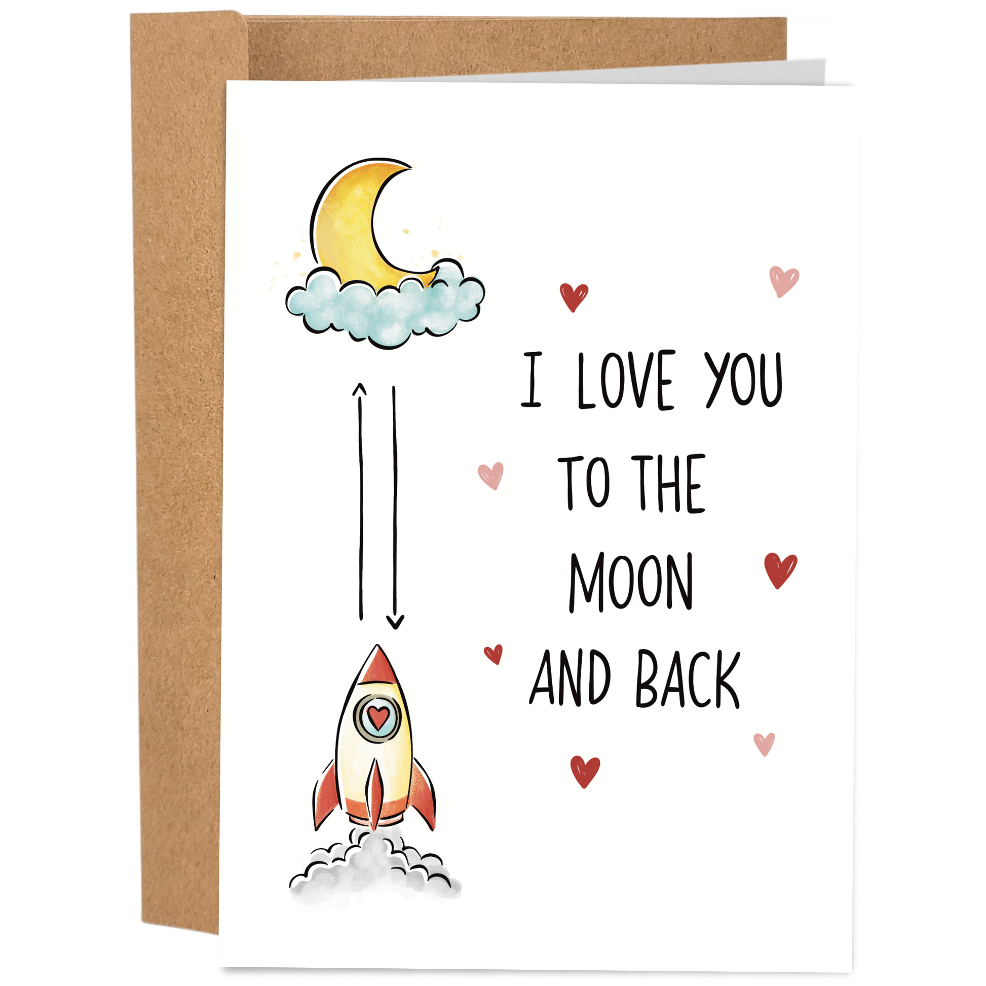 Good Egg Greetings Valentine's Day Greeting card with a rocket and moon illustration and text 'I love you to the moon and back'.