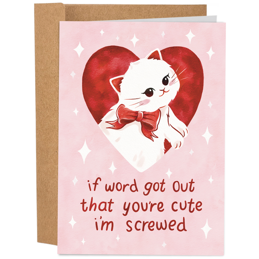 Good Egg Greetings Valentine's Day Card with a white cat illustration and text on a pink background