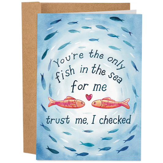 Good Egg Greetings Valentine's Day Greeting card with fish illustration and romantic text on a blue background
