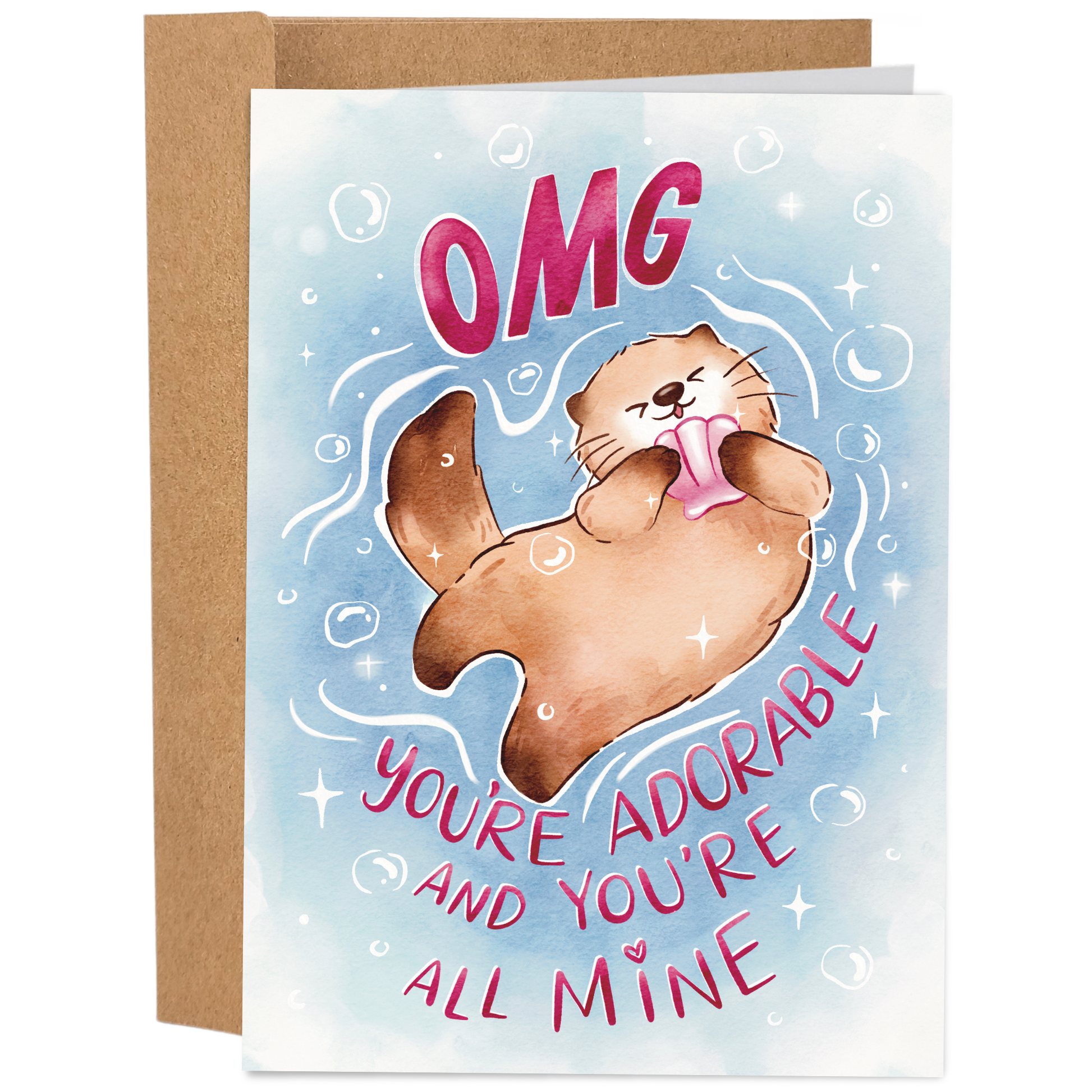 Good Egg Greetings Valentine's Day Greeting card with a cartoon otter and text 'OMG you're adorable and you're all mine' on a light blue background.