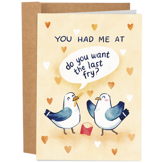 Good Egg Greetings Valentine's Day Greeting card with two birds and a speech bubble on a beige background