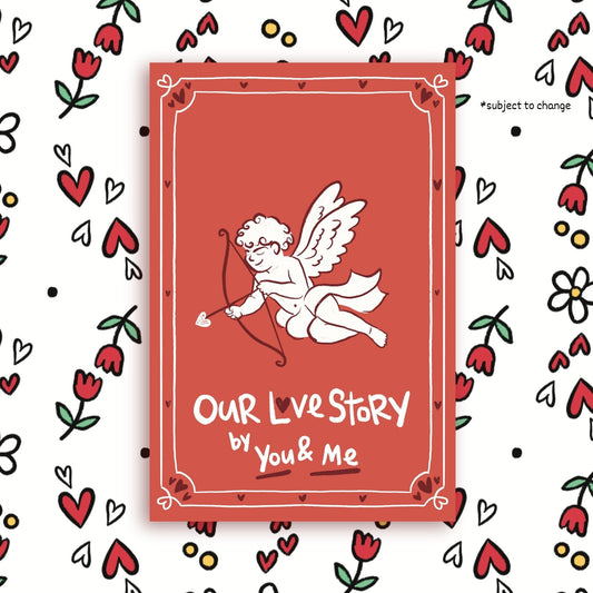 Book cover with Cupid illustration and 'Our Love Story by You & Me' text on a heart-patterned background.