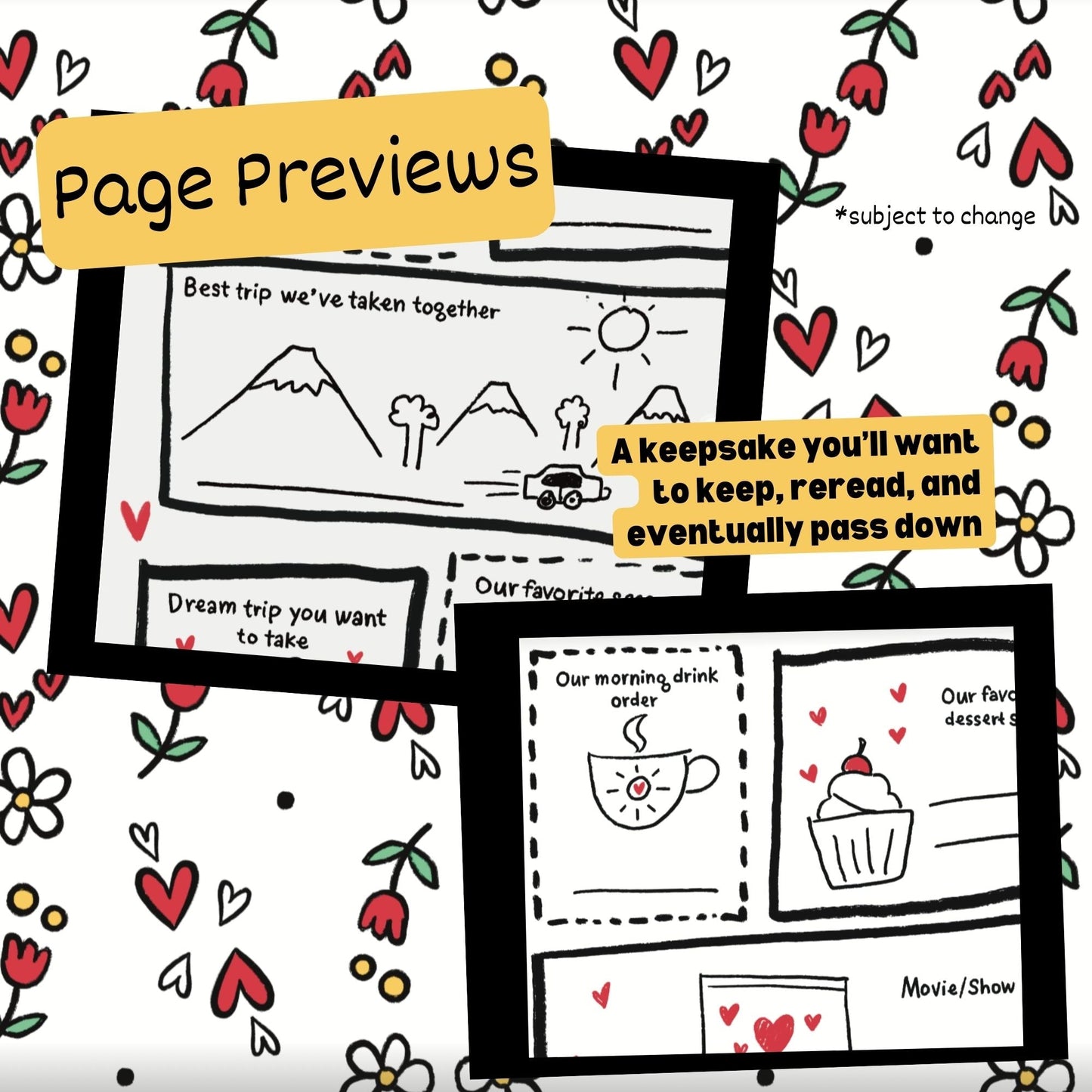 Page previews of a keepsake book with illustrations and text on a floral patterned background.