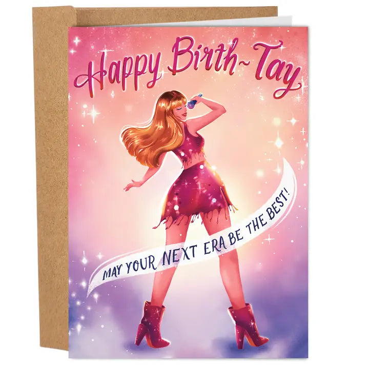 Good Egg Greetings Birthday card with a stylized character and 'Happy Birthday' text on a pink and purple gradient background.