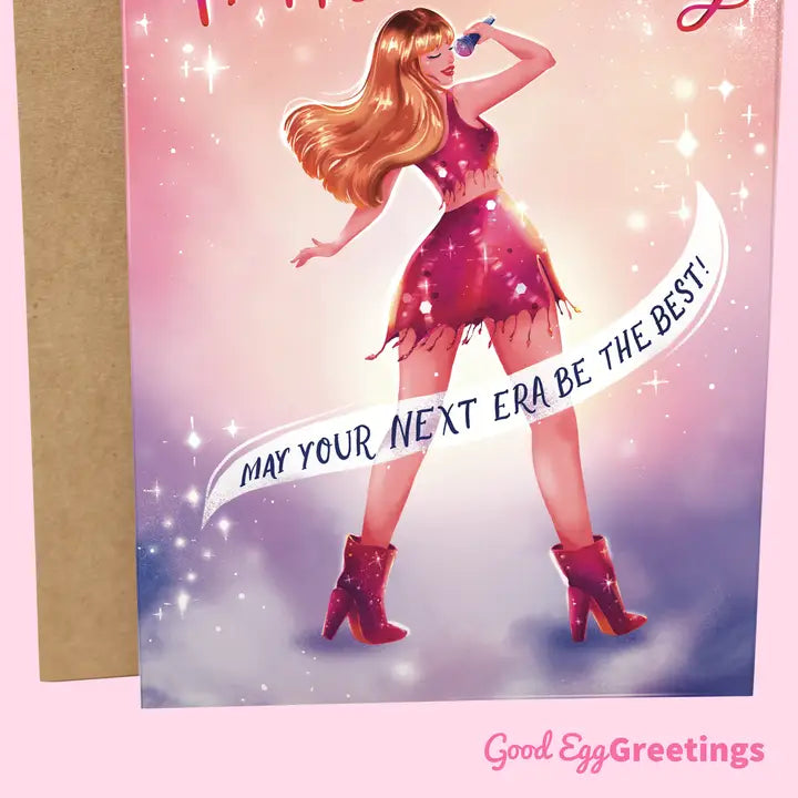 Good Egg Greetings Birthday Greeting card with a stylized illustration of a Taylor Swift and celebratory text, featuring 'Good Egg Greetings' branding.
